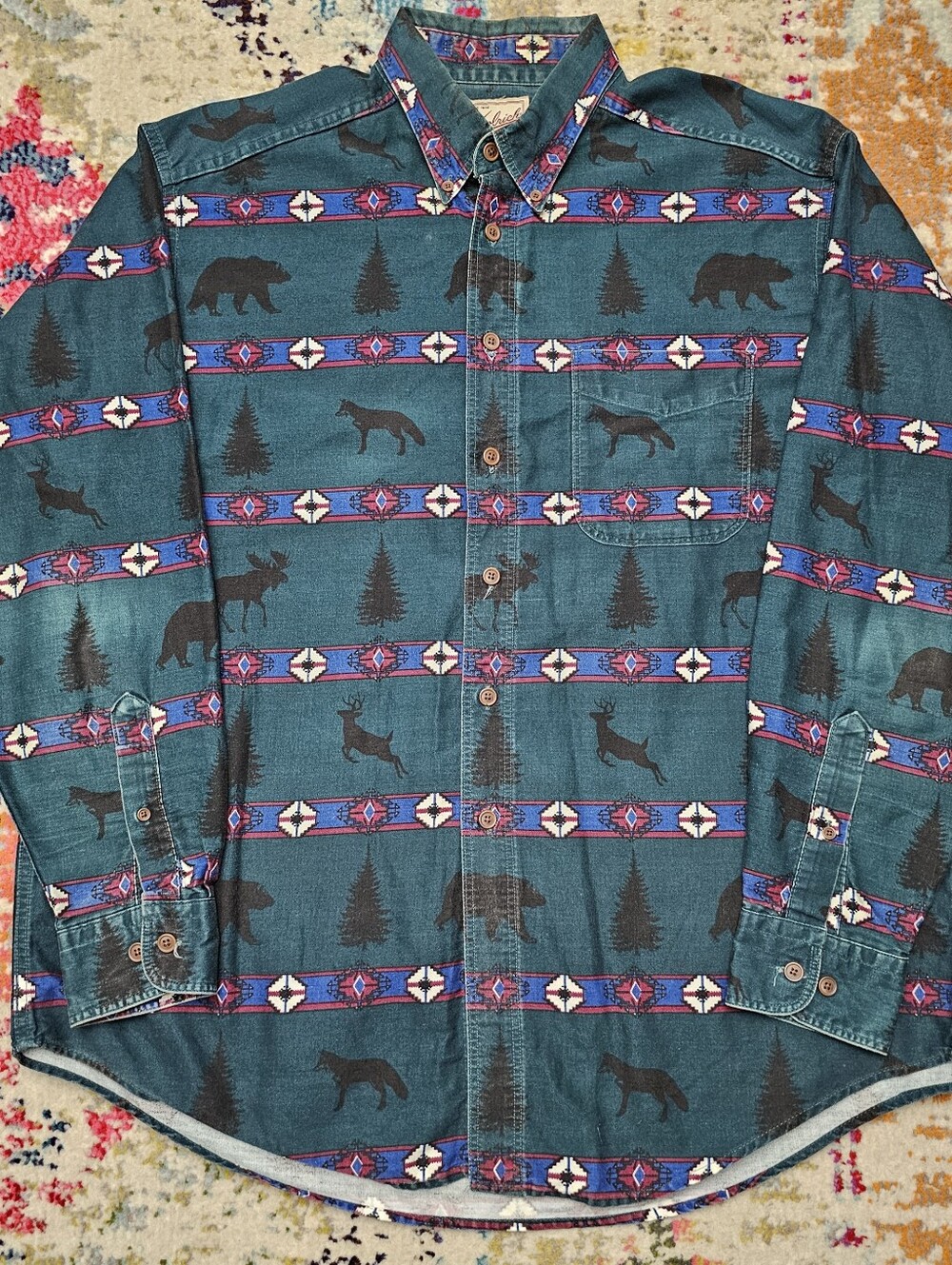 VTG Woolrich Button Down Shirt Mens XL Western Aztec Green Distress Made In USA